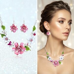 Silver plated pink white and green crystal flower necklace earrings set